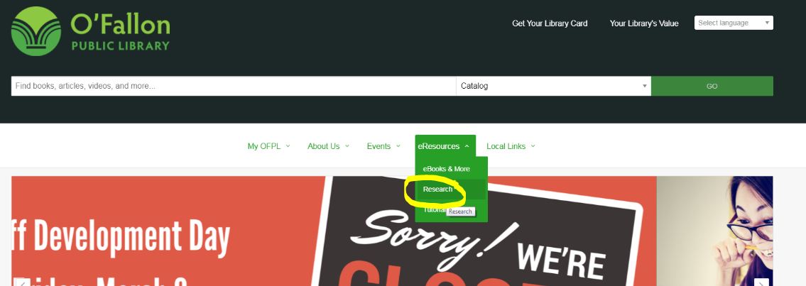Research in drop down menu